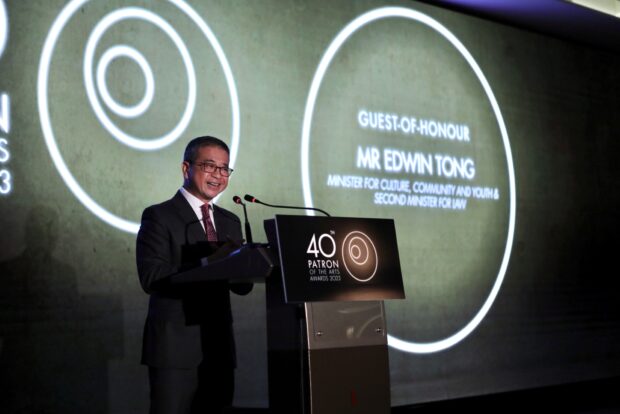 Mr Edwin Tong, Minister for Culture, Community and Youth & Second Minister for Law, delivering his welcome address as the Guest-of-Honour at the Patron of the Arts Awards 2023. (Photo: National Arts Council)