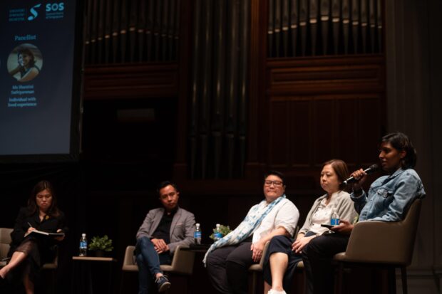 From L-R: Ms Charlene Heng, Deputy Director, SOS Academy, Samaritans of Singapore Limited, Mr Kok Tse Wei, Deputy Chief Executive Officer (Programmes & Production), Singapore Symphony Group, Dr Tan Xue Li, President of Association for Music Therapy Singapore, Ms Chan May Peng, Senior Manager and Lead Counsellor, Samaritans of Singapore Limited and  Ms Shantini Sathivanesan, an advocate with lived experience.