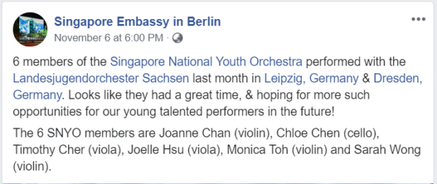 The Singapore Embassy in Berlin gave a nice Facebook shoutout to the visiting musicians.