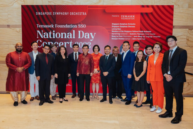 DPM Heng Swee Keat and Mrs Heng with the musicians and composers of the National Day Concert.